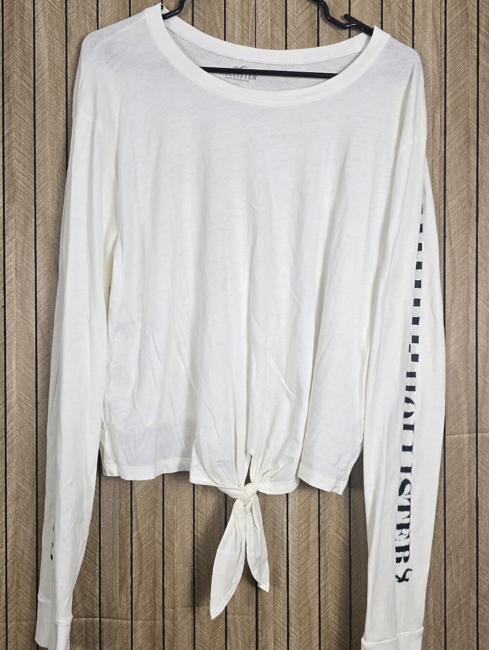 Hollister White Long-Sleeve Tie-Front Tee with California Word on Sleeve